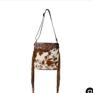 Artesian Hand Tooled Brown and White Fringe Shoulder Bag
